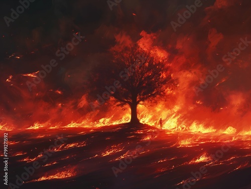 A tree is surrounded by flames in a fiery landscape. The scene is dark and ominous, with the tree standing tall amidst the burning grass. The fire seems to be consuming everything in its path