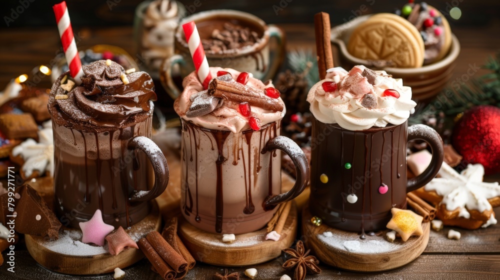 Three cups of hot cocoa topped with cream and chocolate