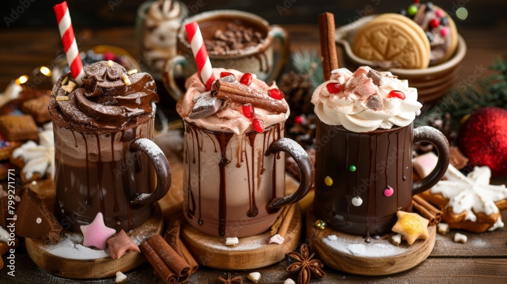 Three cups of hot cocoa topped with cream and chocolate Three cups of hot cocoa topped with cream and chocolate