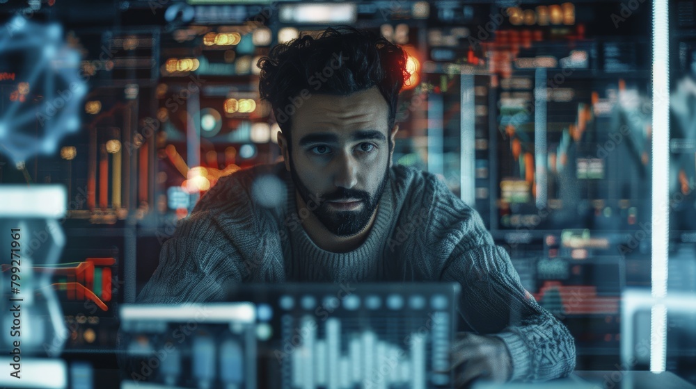 Nighttime businessman, digital interface, and analytics trading for stock market research, strategy, and marketing. Male trader with futuristic data statistics or analysis UI, UX, or display. Nighttime businessman, digital interface, and analytics trading for stock market research, strategy, and marketing. Male trader with futuristic data statistics or analysis UI, UX, or display.