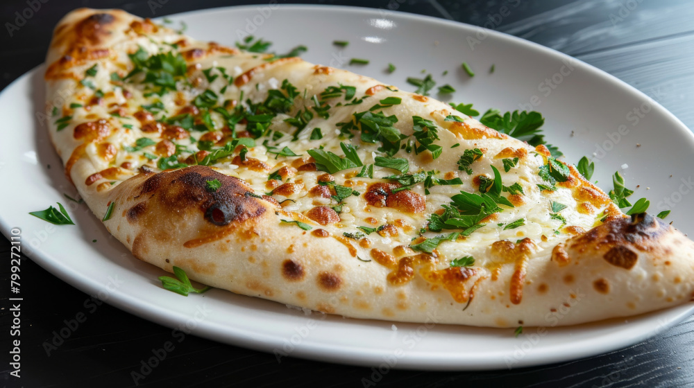 Delicious georgian khachapuri with melted cheese and fresh parsley on a white plate, a traditional georgian dish on dark background Delicious georgian khachapuri with melted cheese and fresh parsley on a white plate, a traditional georgian dish on dark background