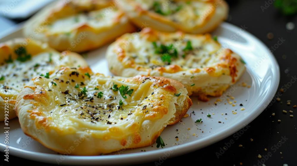 Freshly baked georgian khachapuri, cheesy bread with melting cheese and herbs, served on a white plate with a dark background Freshly baked georgian khachapuri, cheesy bread with melting cheese and herbs, served on a white plate with a dark background
