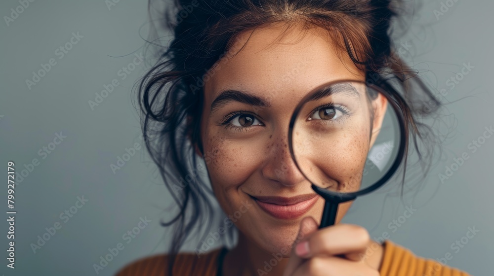 Happy, headshot, and black woman with magnifying glass in studio for study. Happiness, grin, and zoom photograph of a young African girl model on a gray background. Happy, headshot, and black woman with magnifying glass in studio for study. Happiness, grin, and zoom photograph of a young African girl model on a gray background.
