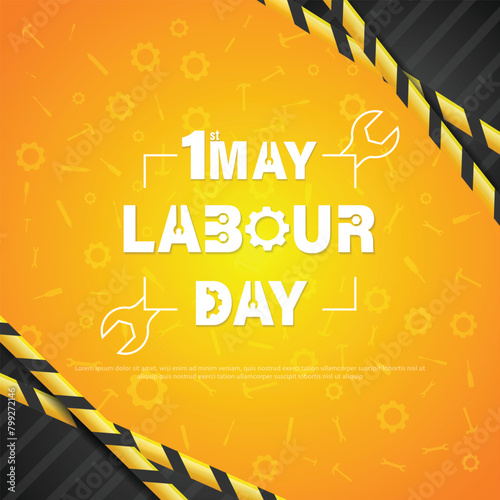 Labour day or international workers' day poster template design with Yellow safety hat and construction equipment.