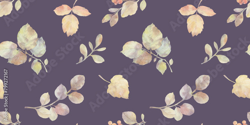 Watercolor design of autumn leaves. Illustration of drawn branches with leaves for design, summer plants seamless background