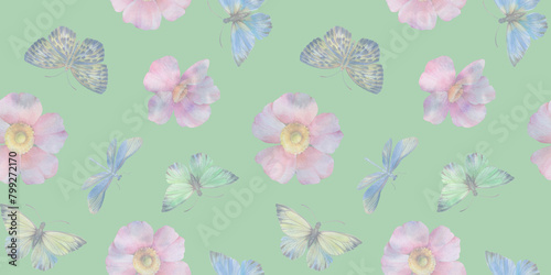 seamless pattern with butterflies and flowers, watercolor hand drawn illustration