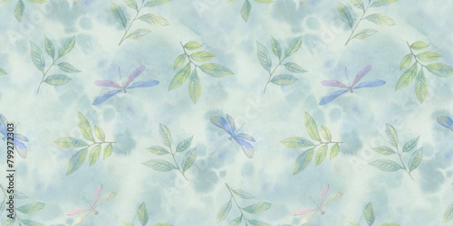  The design includes dragonflies and leaves in shades of blue, green, and white. The pattern is seamless and repeating, making it suitable for use as wallpaper or fabric. 