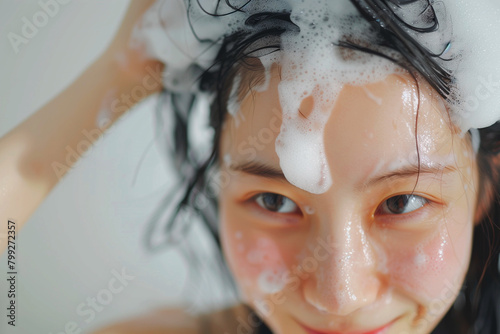 Korean girl smiling and washing her hair, a lot of foam on her hair 