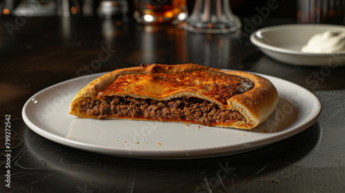 Traditional georgian adjarian khachapuri with meat filling served on a white plate, garnished with sour cream, on a dark table photo