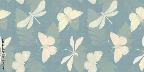 butterflies and dragonflies seamless pattern drawn in watercolors in digital processing, for the design of wallpaper, wrapping paper, textiles, delicate repeating pattern of flying insects © Sergei