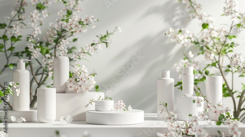 A white display of various beauty products, including lotions and creams, is arranged on a white pedestal. The products are surrounded by white flowers, creating a serene and elegant atmosphere © Nico