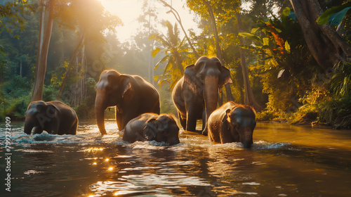Panoramic Shot of a Family of Elephants Bathing in a River AI Generation
