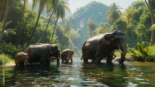 Elephants Bathing in a River AI Generation photo