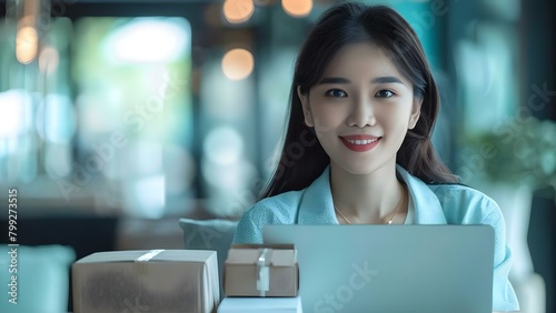 Empowered Asian Female Entrepreneur Managing Online Business Operations. Concept Female Empowerment, Asian Entrepreneurship, Online Business Operations, photo