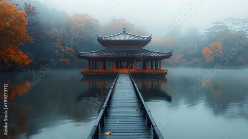 A serene lake in autumn  an ancient pavilion visible at its edge
