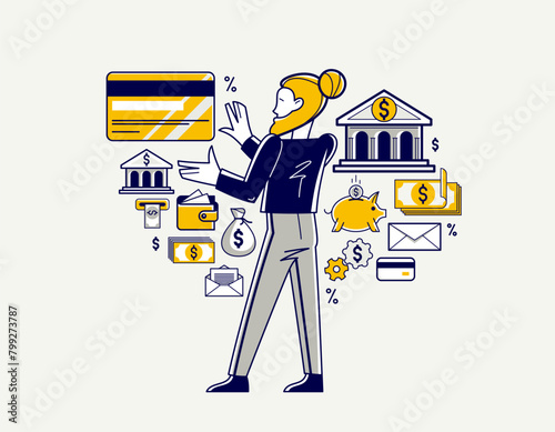 Banking vector outline illustration, manager working with finances or customer manages his account with deposit or credit, personal savings.