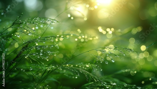 Dew-Kissed Blades: A Tranquil Picnic Amidst Nature's Tapestry"，Close-up of grass under macro lens after storm, sunshine, big scene, picnic, 4k wallpaper, high resolution, high quality