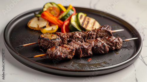 Savory grilled georgian beef shashlik with colorful bell peppers, zucchini, and onions on a modern black plate with spices