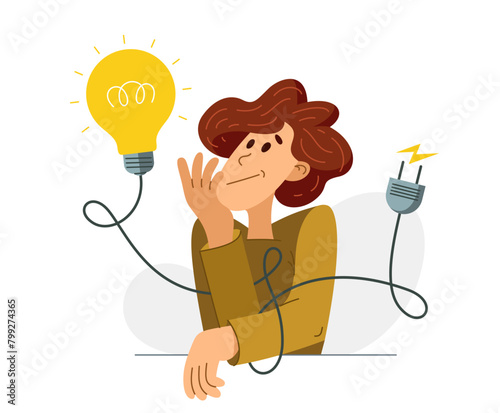 Idea needs resources to be realized embodied in life, vector illustration of a young man with a light bulb and plug for electrify it. © Sylverarts