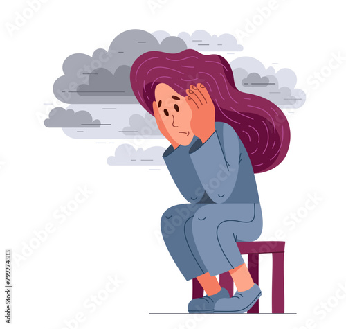 Young woman having a psychological problem of stress or anxiety, vector illustration of stressed girl having mental disorder or tired, headache flat style drawing.