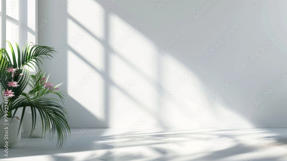 Abstract white studio background for product presentation with green tropical trees and tropical sun Shadow on the wall Abstract white studio background for product presentation with green tropical trees and tropical sun Shadow on the wall
