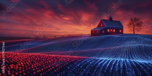 Country home with barn in 3D Hologram style, farmyard aglow with blue neon lights. photo