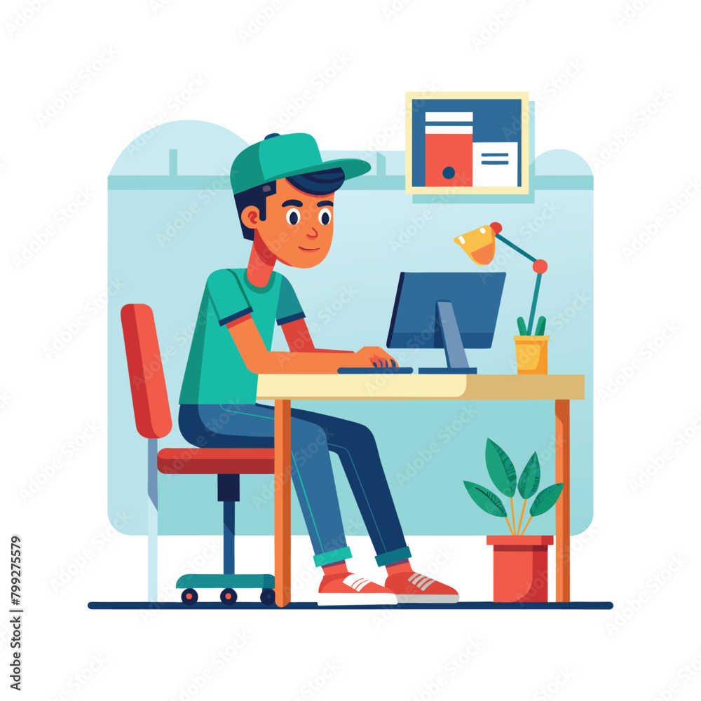 young man using desktop computer vector illustration design
