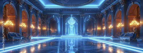 Step into a regal feast in a lavish holographic dining room  illuminated by a mesmerizing blue neon glow.
