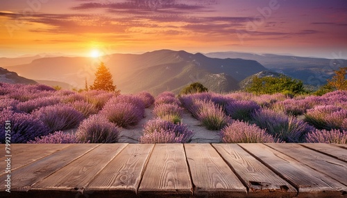 empty tabletop with lavender field background