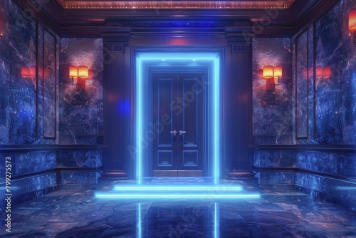 Step into the future with a luxury home entrance illuminated by a mesmerizing blue neon light path in captivating 3D hologram style.