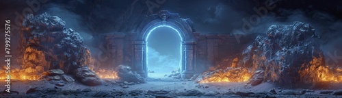 Medieval castle gate in 3D Hologram style, blue neon drawing attention to ancient strength. photo