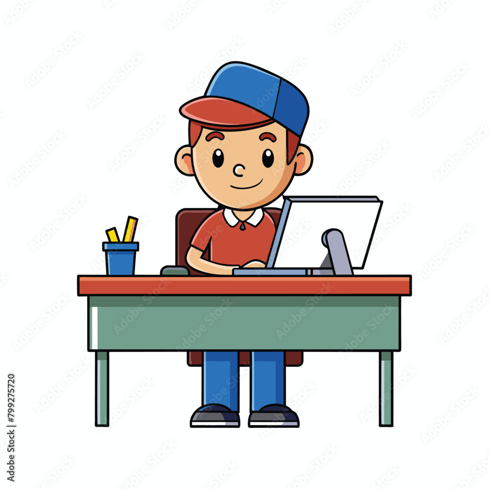 young man using desktop computer vector illustration design