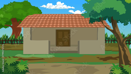 Indian rural house, Indian village house background for cartoon animation landscape with village, Village farm house, farmer  mud house, poor home