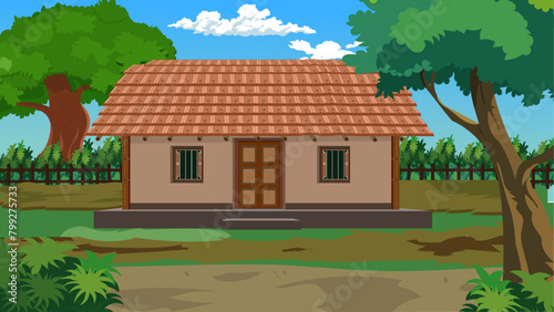 Indian poor mud house rural landscape, Farmer house, Village landscape, tin shade home, straw hut, Indian village house, banana tree, dirt road, village roadside landscape, mud house, Indian hut