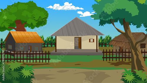  Village landscape, tin shade home, straw hut, Indian village house, banana tree, dirt road, village roadside landscape, mud house, Indian hut, cottage, village scenery
