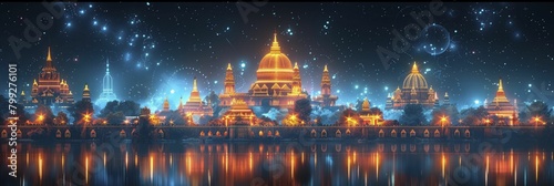 Wat with golden domes in 3D Hologram style  contrasted by cool blue neon outlines against night sky.