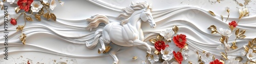 Horses jumping over a floral background in white and gold colors with red flowers. photo