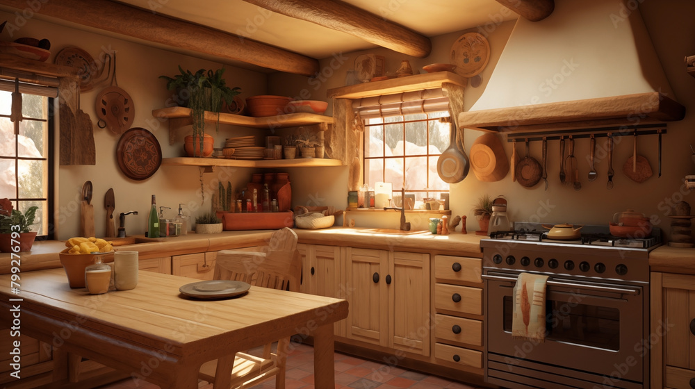 Kitchen with beautiful lighting and a southwest interior style.