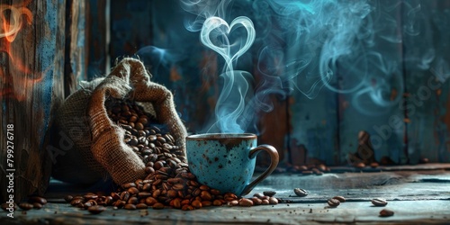 The background is wooden, with coffee beans spilling out of the bag and smoke rising from them. #799276718