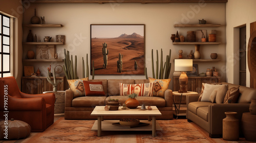 Living room with beautiful lighting and a southwest interior style.