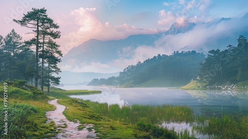 A beautiful mountain lake surrounded by dense forest, foggy morning, path leading to the waters edge, green grass and trees