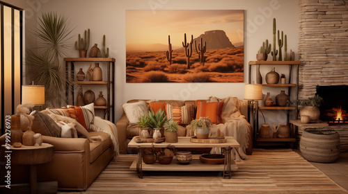 Living room with beautiful lighting and a southwest interior style.