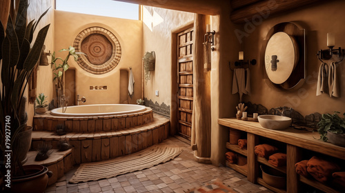 Bathroom with beautiful lighting and a southwest interior style.