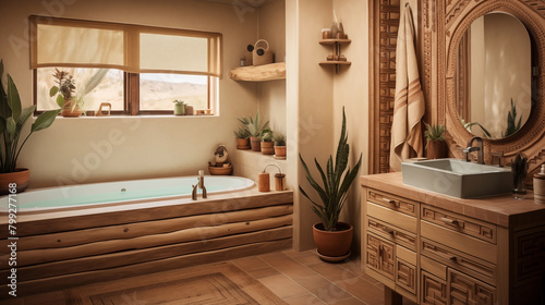 Bathroom with beautiful lighting and a southwest interior style.