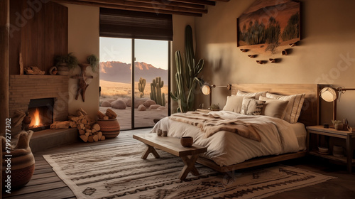 Bedroom with beautiful lighting and a southwest interior style. photo