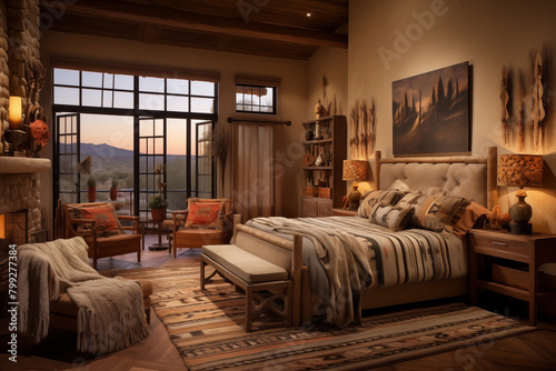 Bedroom with beautiful lighting and a southwest interior style.