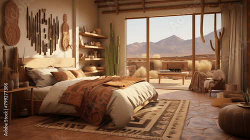 Bedroom with beautiful lighting and a southwest interior style.