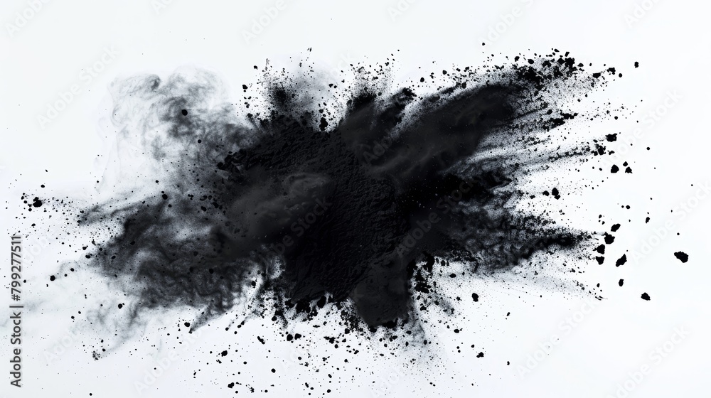 Dynamic image of black powder exploding, creating an abstract dust explosion against a stark white background Dynamic image of black powder exploding, creating an abstract dust explosion against a stark white background