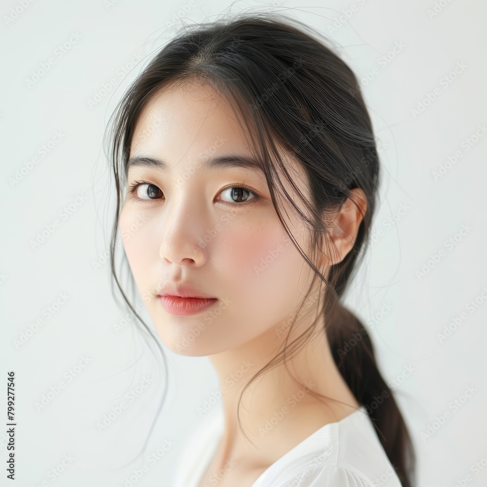 Elegant portrait of a beautiful young Korean lady, her youthful glow and fine features contrasted with a pure white background Elegant portrait of a beautiful young Korean lady, her youthful glow and fine features contrasted with a pure white background