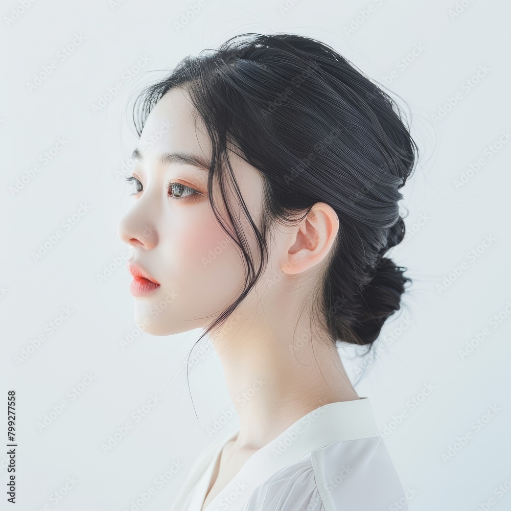 Elegant portrait of a beautiful young Korean lady, her youthful glow and fine features contrasted with a pure white background Elegant portrait of a beautiful young Korean lady, her youthful glow and fine features contrasted with a pure white background